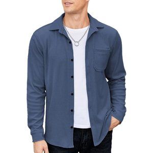 Men Dark Blue Casual Shacket Long Sleeve Button Down Lightweight Corduroy Shirt
